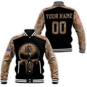 Ohio State Buckeyes Skull 3D With Camourflage Sleeves Personalized Baseball Jacket