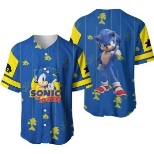 Sonic Hedgehog Blue Yellow Stripes Patterns Walt Disney Unisex Cartoon Casual Outfits Custom Baseball Jersey
