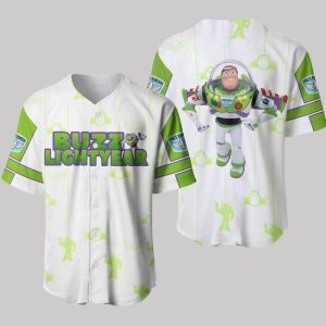 Toy Story Buzz Lightyear White Green Patterns Disney Unisex Cartoon Casual Outfits Custom Baseball Jersey