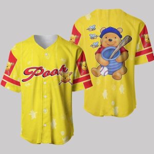 Winnie The Pooh Yellow Red Patterns Disney Unisex Cartoon Graphics Casual Outfits Custom Baseball Jersey