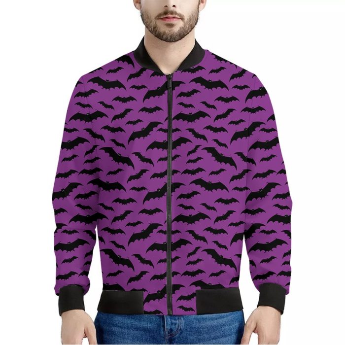 Purple And Black Halloween Bat Print Bomber Jacket