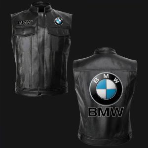 BMW Motor Car Black Leather Vest Sleeveless Leather Jacket