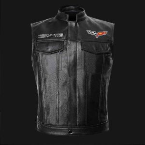 Corvette Motor Car Black Leather Vest Sleeveless Leather Jacket