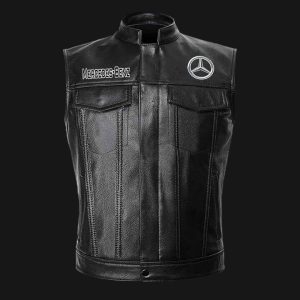 Mercedes Benz Motor Car Black Leather Vest Sleeveless Leather Jacket