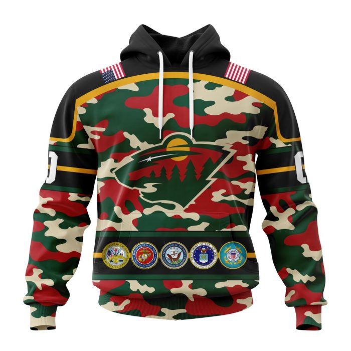 Personalized NHL Minnesota Wild With Camo Team Color And Military Force Logo Unisex Pullover Hoodie