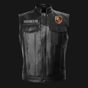 Porsche Motor Car Black Leather Vest Sleeveless Leather Jacket