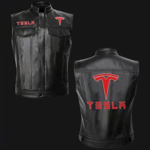 Tesla Motor Car Black Leather Vest Sleeveless Leather Jacket