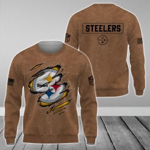 Pittsburgh Steelers NFL Brown Distressed Logo Salute To Service 2023 3D Print Unisex Sweatshirt