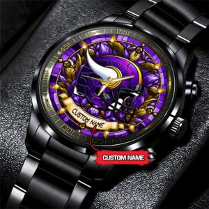 Minnesota Vikings Personalized NFL Stained Glass Black Stainless Steel Sport Watch BW1319
